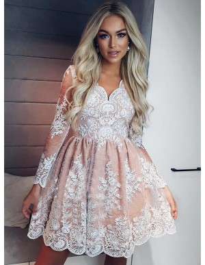 A-Line V-Neck Long Sleeves Short Pink Lace Homecoming Dress with Appliques