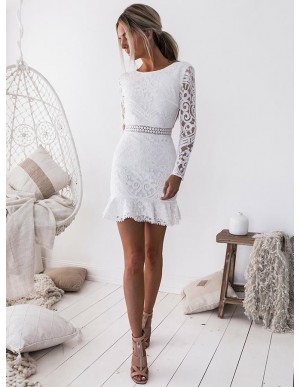 Sheath Crew Open Back Long Sleeves Short White Lace Homecoming Cocktail Dress