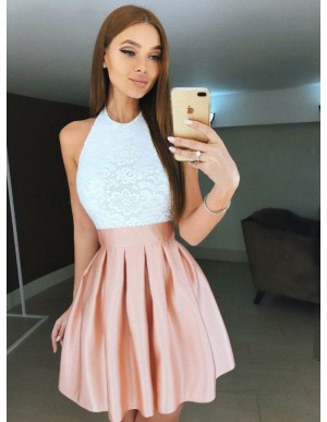 A-Line Halter Backless Short Pink Pleated Homecoming Dress with Lace Bodice
