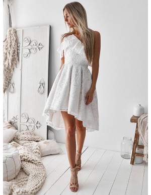 A-Line One Shoulder High Low White Lace Prom Homecoming Dress with Ruffles