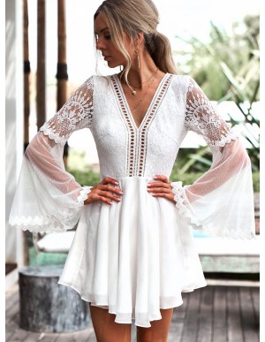 A-Line V-Neck Open Back Bell Sleeves Short White Chiffon Homecoming Dress with Lace