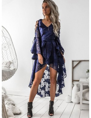 A-Line V-Neck Bell Sleeves High Low Navy Blue Chiffon Prom Homecoming Dress