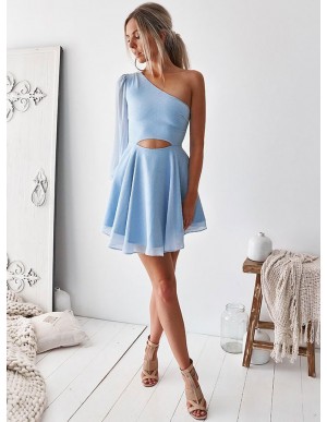 A-Line One Shoulder Short Light Blue Chiffon Homecoming Dress