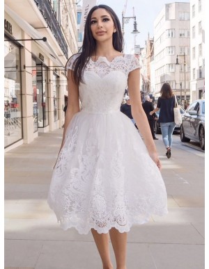 A-Line Scalloped-Edge Tea-Length White Homecoming Prom Dress with Appliques