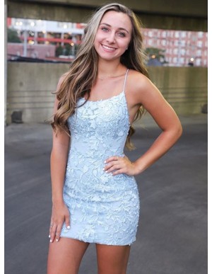 Spaghetti Straps Light Blue Short Tight Homecoming Dress With Appliques