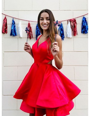 V-Neck Open Back Red Homecoming Dress with Tiered Short Party Dress