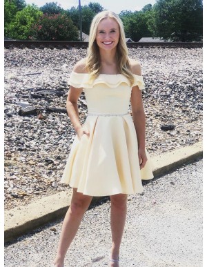 Off-the-Shoulder Short Sleeves Yellow Homecoming Dress with Pockets