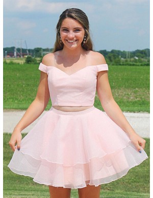 Off-the-Shoulder Pink Short Two Piece Homecoming Dress with Tiered