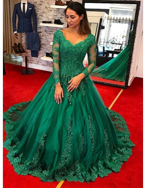 Ball Gown Scalloped-Edge Long Sleeves Hunter Quinceanera Dress with Appliques