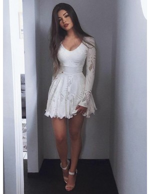 A-Line Scoop Long Sleeves Short White Lace Homecoming Dress