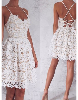 A-Line Spaghetti Straps Lace-Up White Lace Short Homecoming Dress